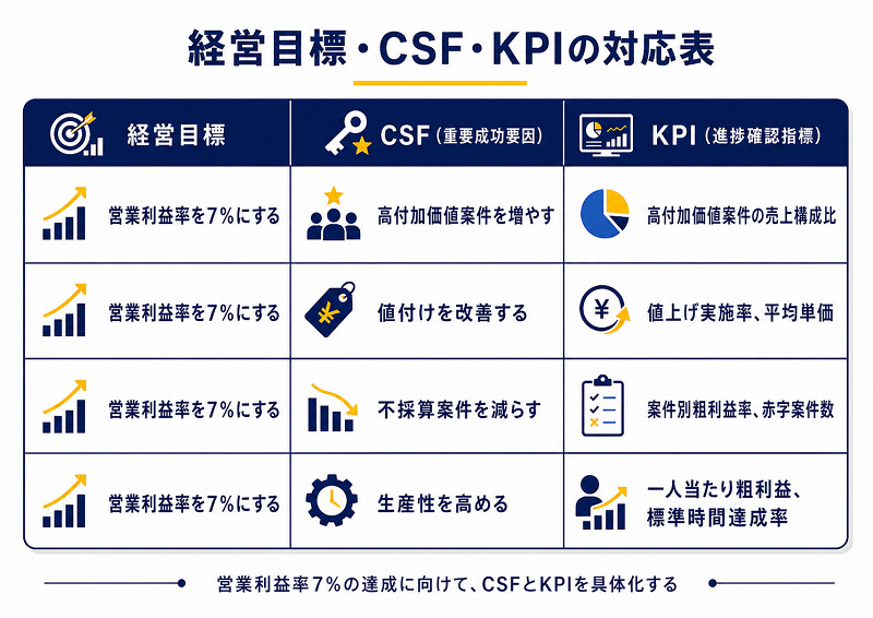 経営目標→CSF→KPIの関係を説明する表