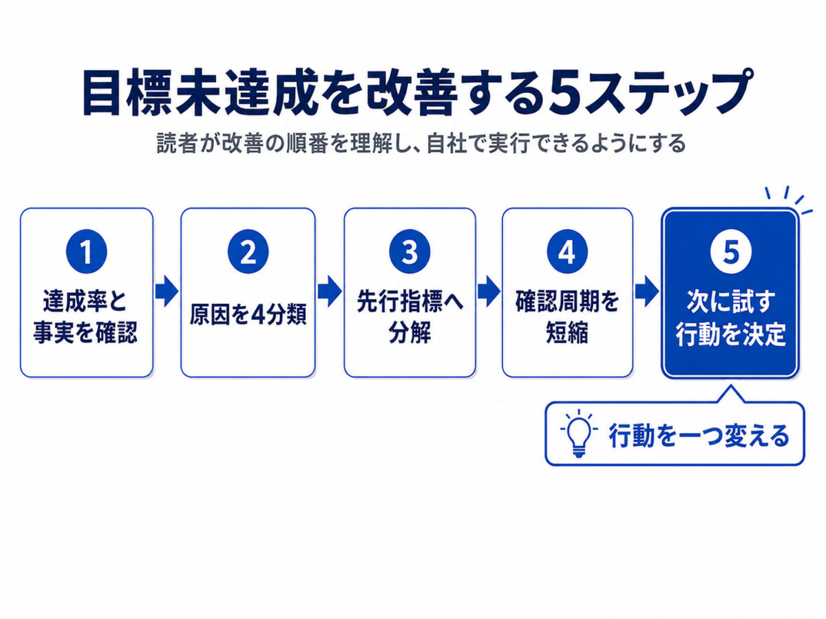 目標未達成の事実確認から原因分析、先行指標への分解、週次確認、改善行動決定までの5ステップ